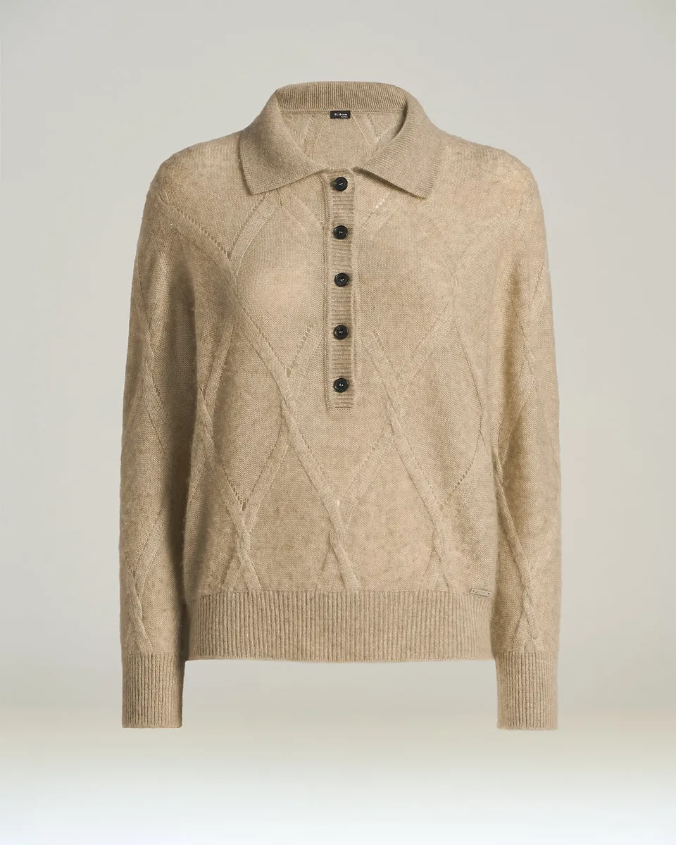 Kiton Polo Kaschmir Poloshirt Langarm Beige Damen