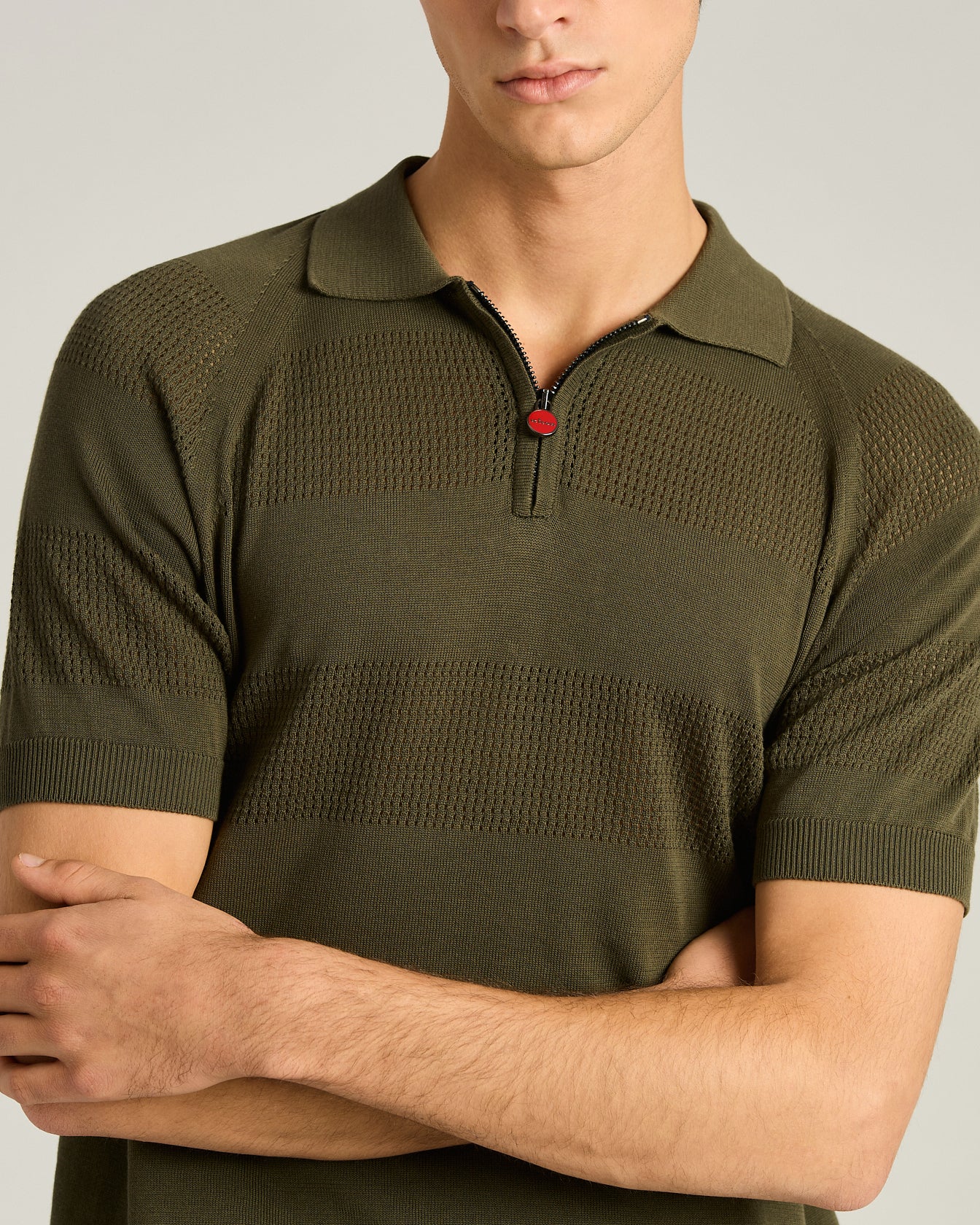 Kiton Zip Polo Kurzarm L Baumwolle Lochmuster Reissverschluss