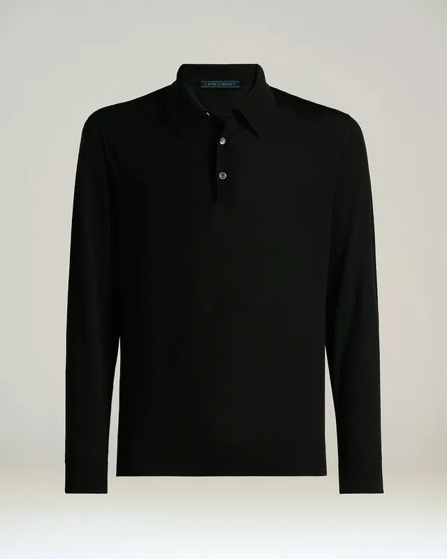 Kiton Black Wool Long-Sleeve Polo Shirt Herren schwarz Wolle