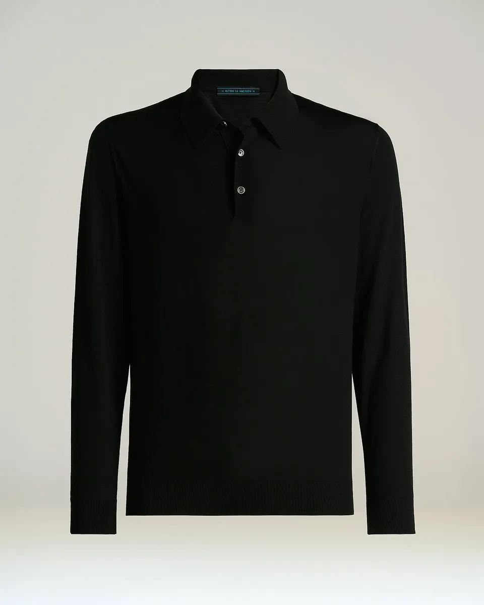 Kiton Black Wool Long-Sleeve Polo Shirt Herren schwarz Wolle