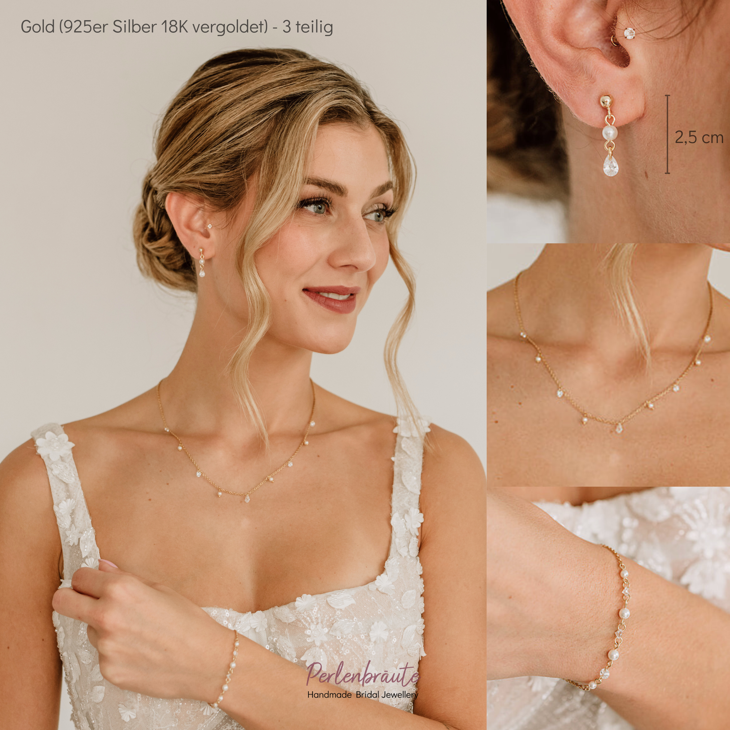 Perlenbräute Amina Brautschmuck Set Perlen Gold 45 cm
