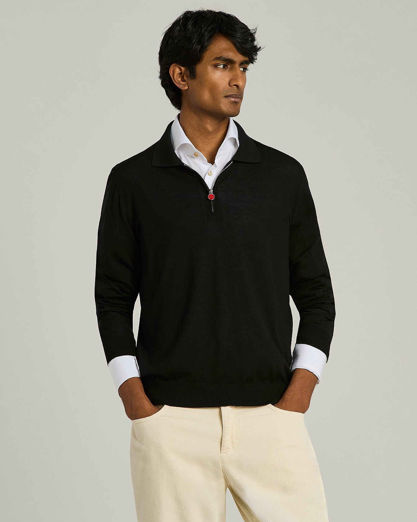 Kiton Zip-Polo Wollstrick schwarz Gr.M Langarm