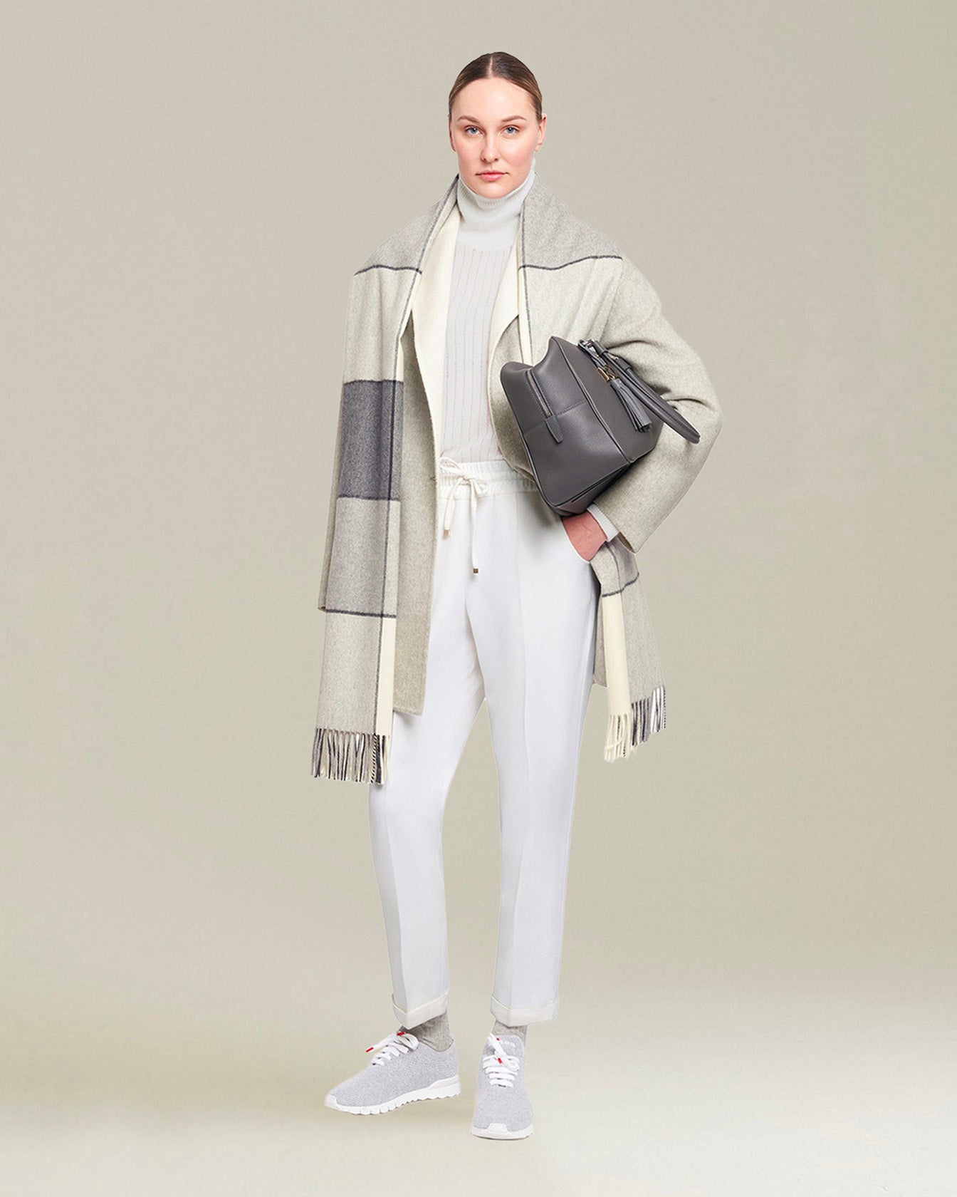 Kiton Hose Damen Kaschmir weiß Kordelzug knöchellang