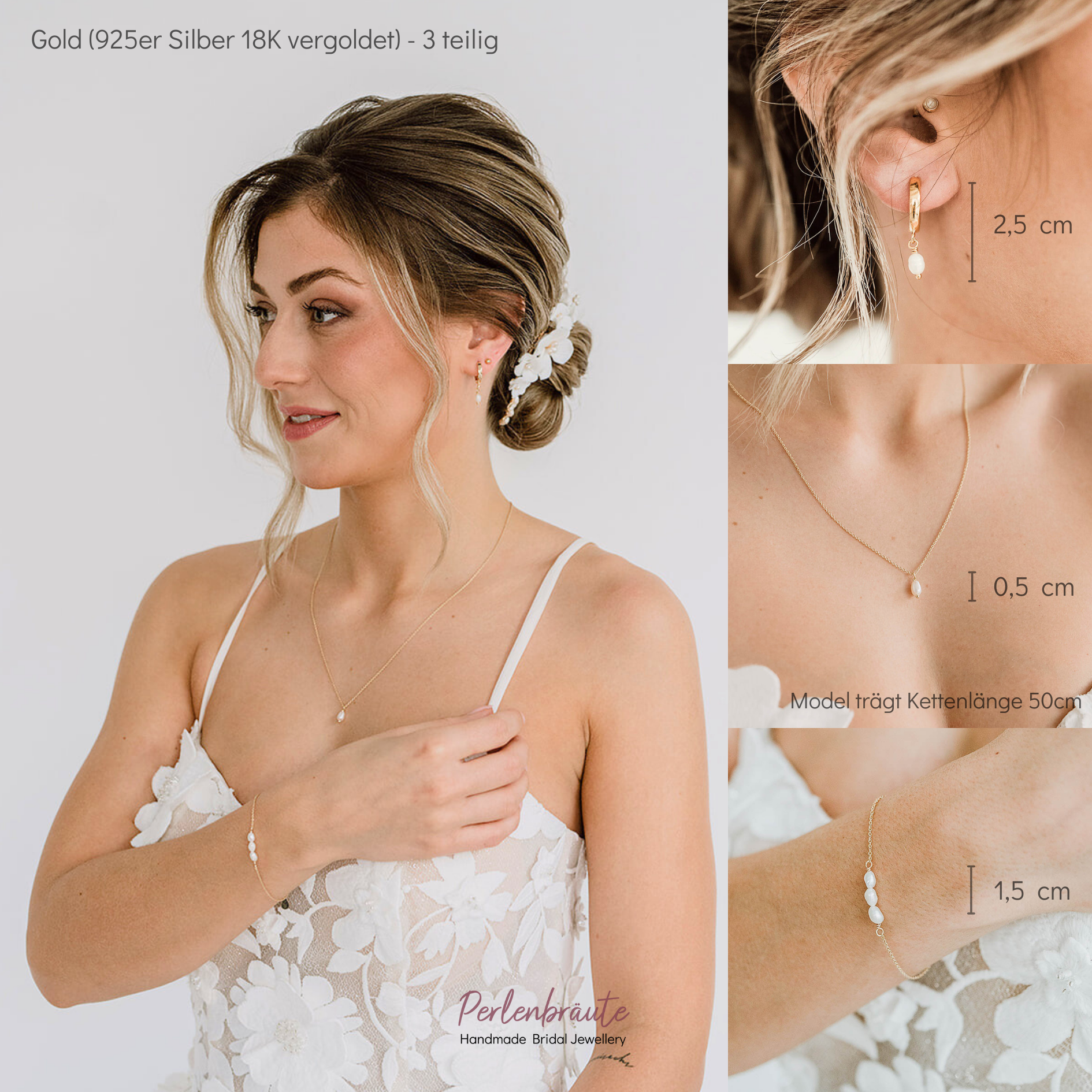 Perlenbräute Amelie Brautschmuck Set Süßwasserperle Gold 45cm