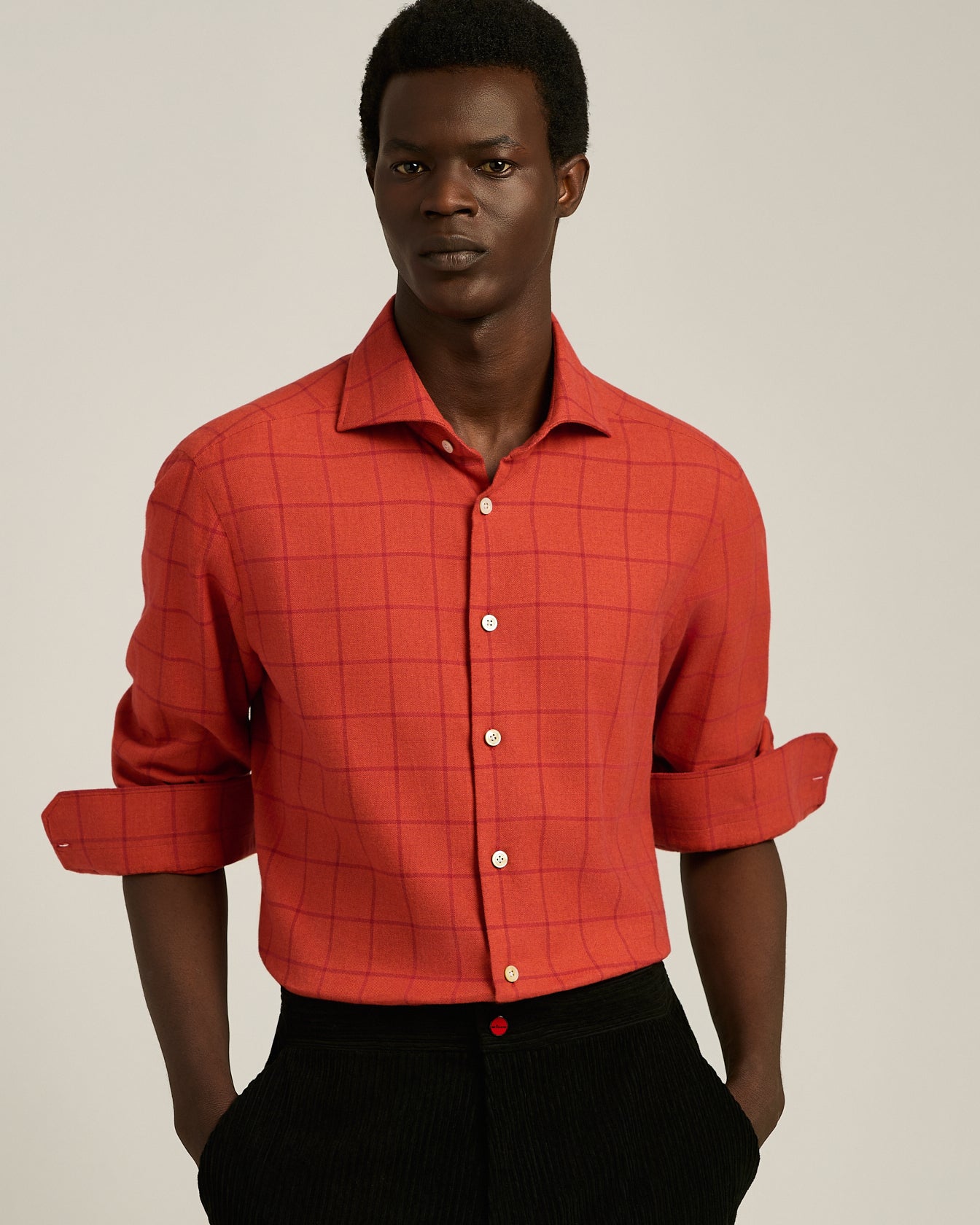 Kiton Flanell Hemd Herren Rot Kariert Baumwolle Gr. 40