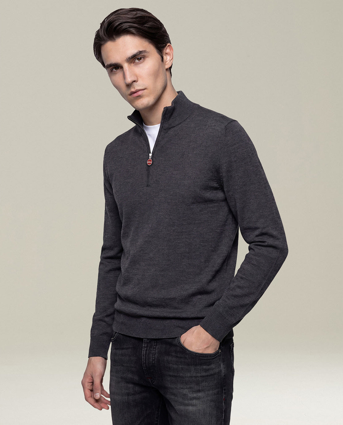 Kiton Knitwear Wollpullover Anthrazit mit Halbreissverschluss