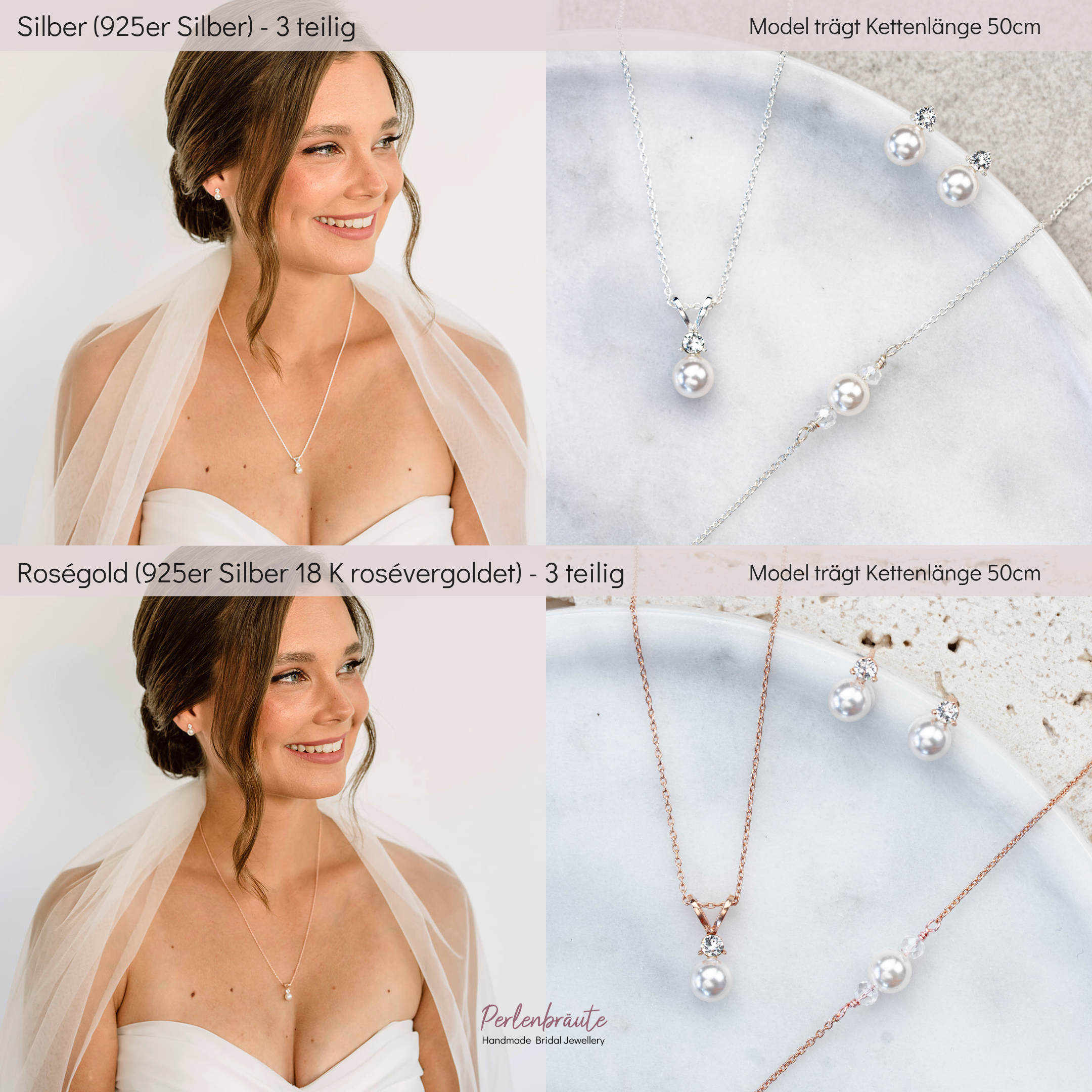 Perlenbräute Smilla Brautschmuck Set Perle Silber 45 cm