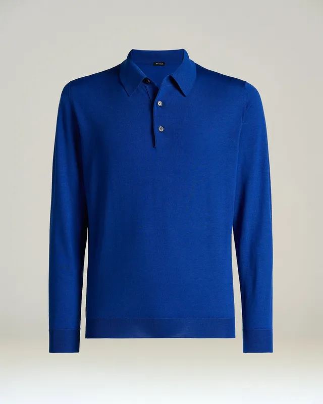 Kiton Brilliant Blue Kaschmir Seide Polo Langarm Blau M