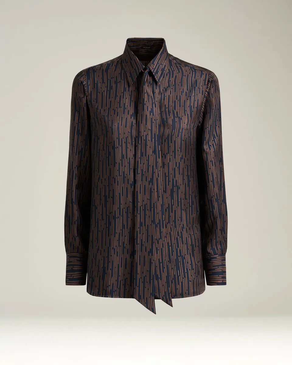 Kiton Seidenbluse Schluppenbluse Blau Braun Print 42