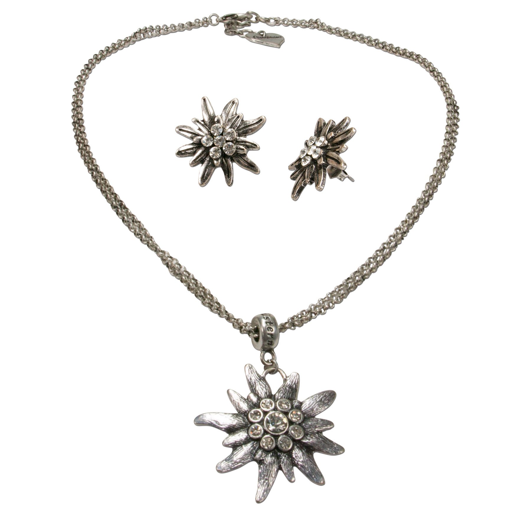 Alpenflüstern DAHEIM Schmuckset Edelweiß Strass antik-silber