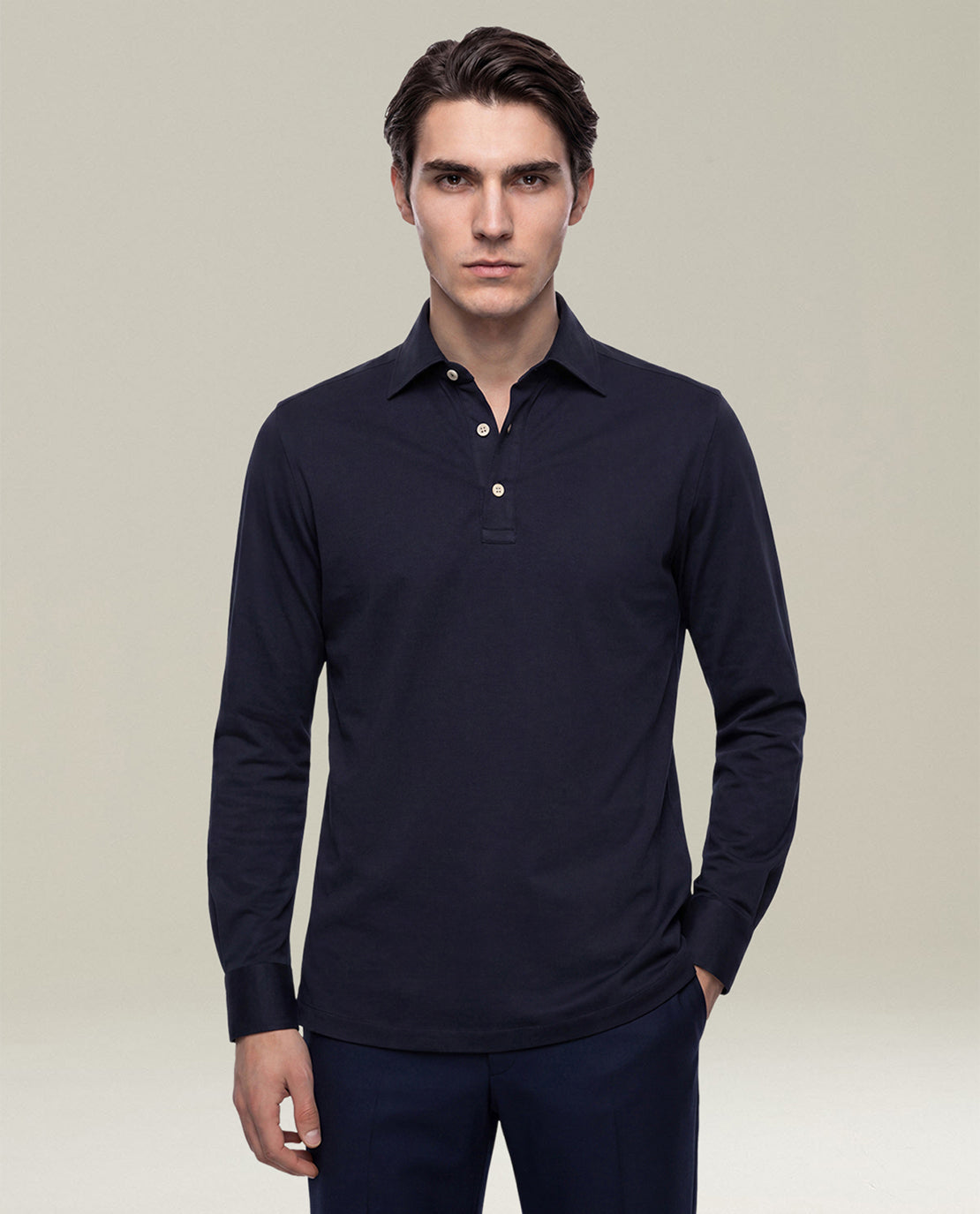 Kiton Hemd Positano Baumwolle Navy Langarm