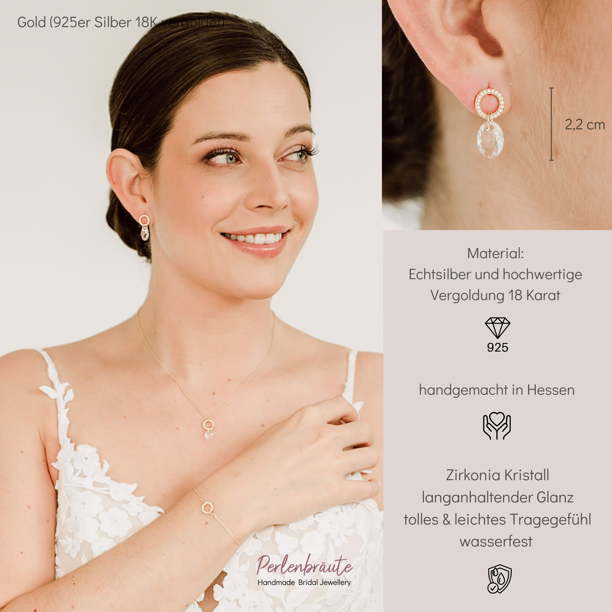 Perlenbräute Mimi Ohrringe Hochzeit Zirkonia Gold 2,2cm