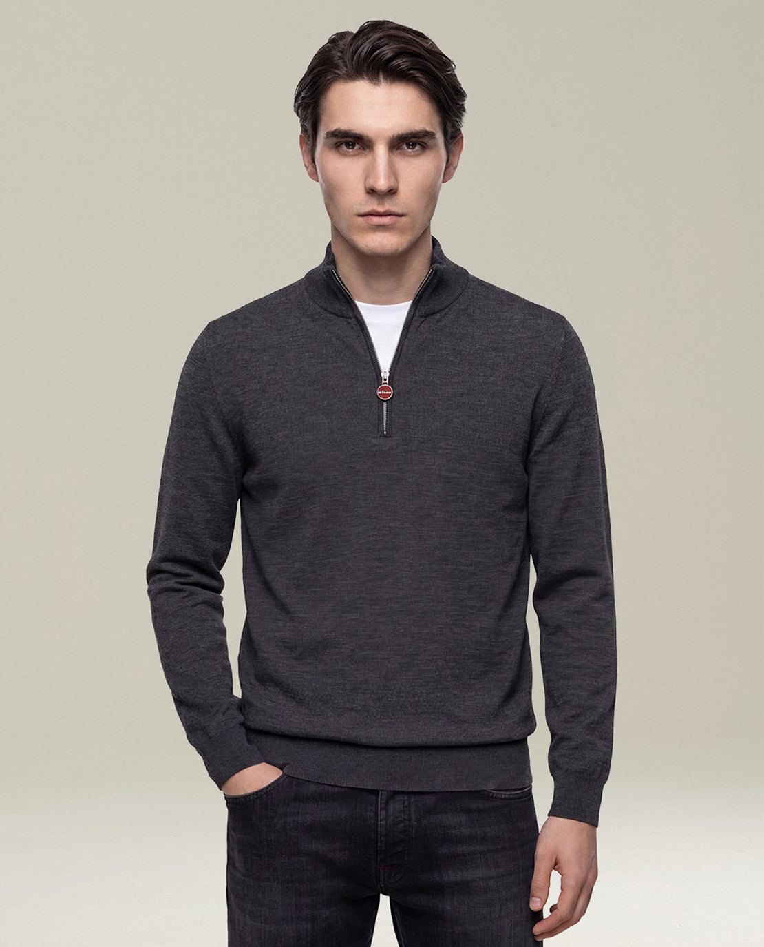 Kiton Knitwear Wollpullover Anthrazit mit Halbreissverschluss
