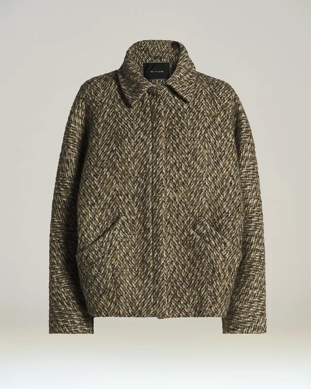 Kiton Cropped Mantel Wolle Beige Fischgrät 42