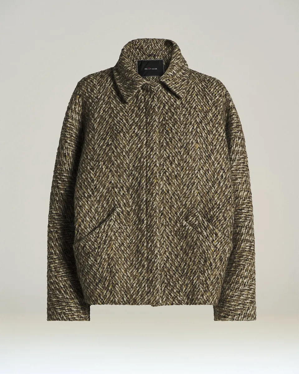 Kiton Cropped Mantel Wolle Beige Fischgrät 42