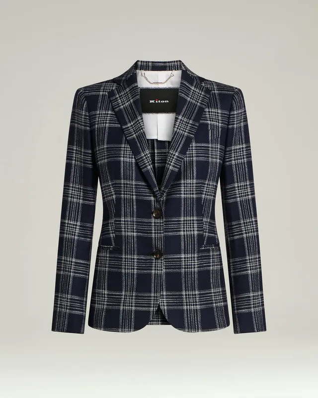 Kiton Jackets kariertes Sakko blau Seide Kaschmir Gr.46