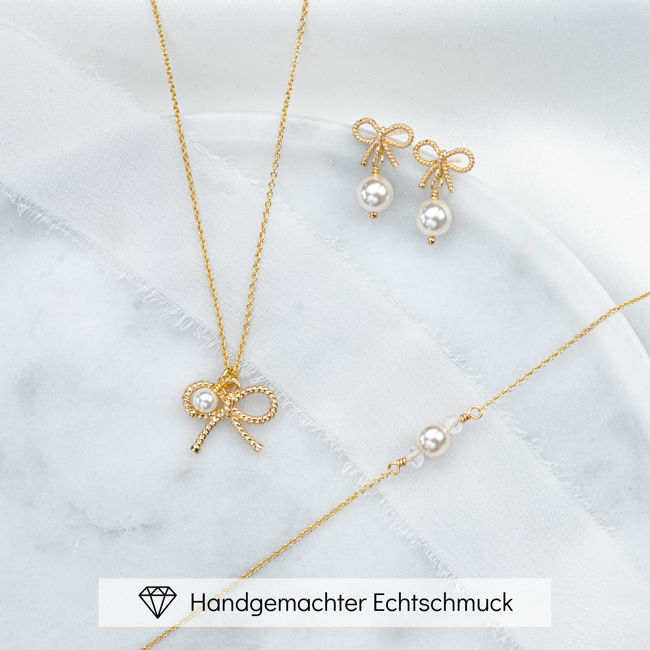 Perlenbräute Pinella Brautschmuck Set Gold mit Schleife Perle