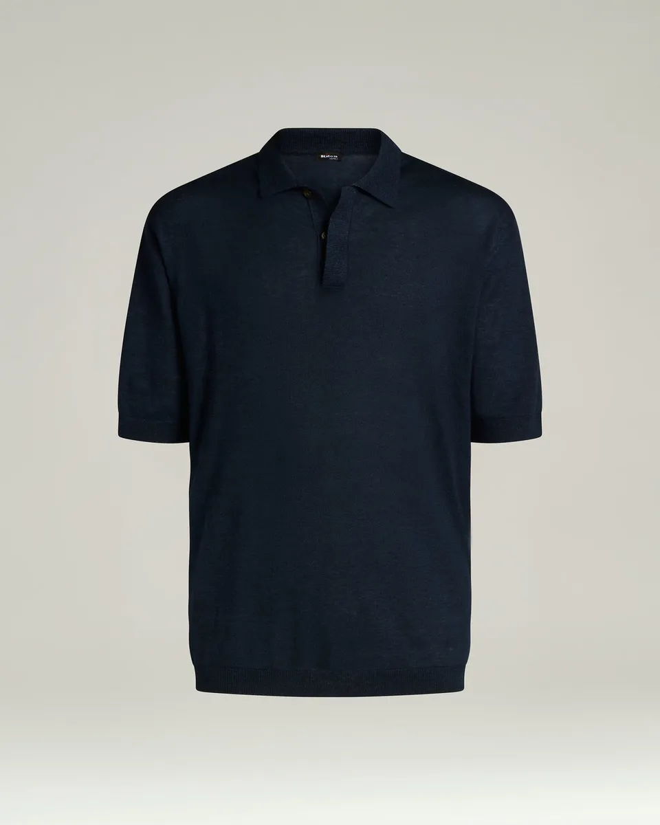 Kiton Polo Kurzarm Poloshirt blau Naturfaser-Mix leicht